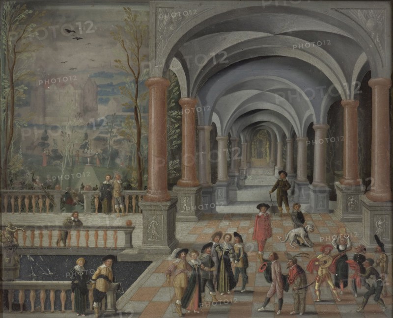 Festive Gathering and Figures from a Commedia dell'Arte in a Gallery, 1634. Creator: Monogrammist DB.