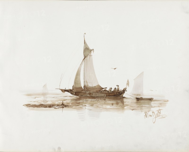 Sailing ship with figures on the water, 1830-1860. Creator: Albertus van Beest.