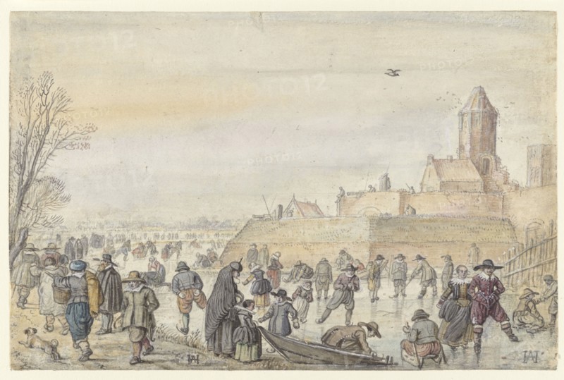 Winter Scene on the Frozen Canal near the Kalverhekkenpoort, Kampen, before 1607. Creator: Hendrick Avercamp.