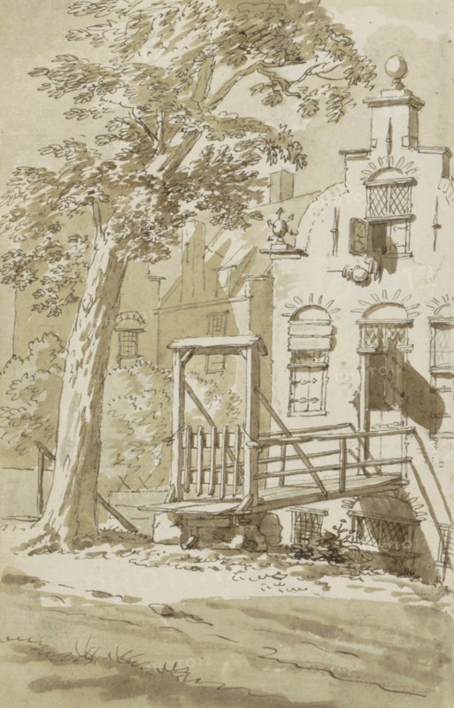 Bridge in front of a house with a stepped gable, c.1783-c.1797. Creator: Johannes Huibert Prins.
