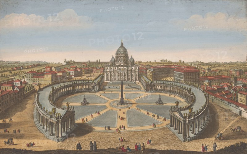 View of St. Peter's Square and St. Peter's Basilica in Vatican City, 1751. Creator: Thomas Bowles.
