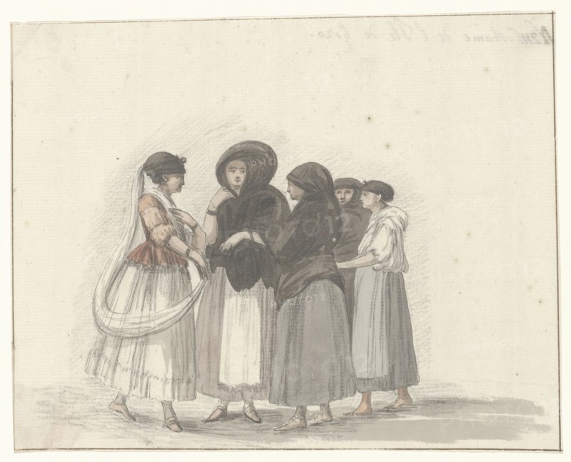 Traditional costumes of the island of Gozo, 1778. Creator: Louis Ducros.