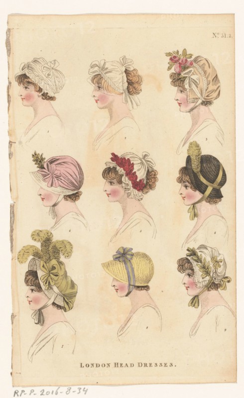 Magazine of Female Fashions of London and Paris, No.31.2, London Head Dresses, 1798-1806. Creator: Unknown.