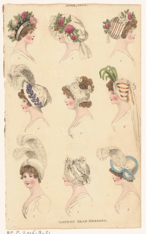 Magazine of Female Fashions of London and Paris, April 1800, London Head Dresses, 1800. Creator: Unknown.