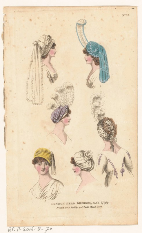 Magazine of Female Fashions of London and Paris, No. 15: London Head Dresses, May, 1799, 1799. Creator: Unknown.