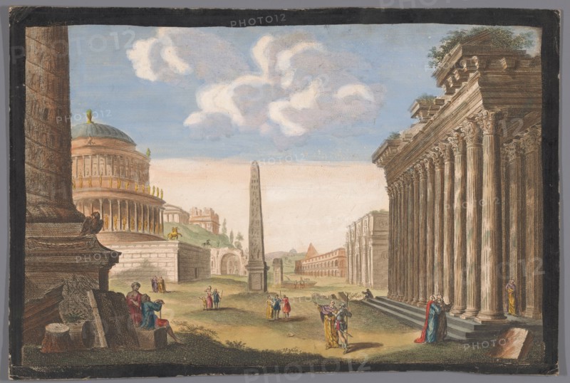 View of the ruins of Trajan's Column, the Arch of Constantine and other monuments..., 1745-1794. Creator: Anon.