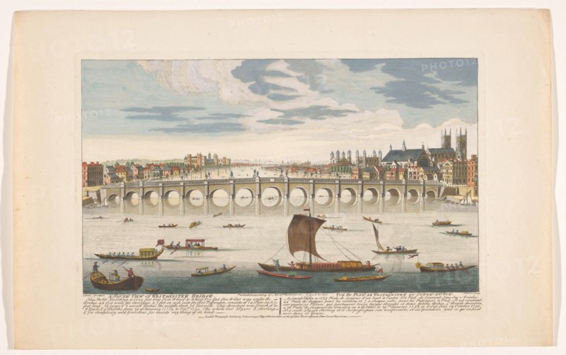 View of Westminster Bridge over the River Thames in London, viewed from the north, 1751. Creator: Fabr. Parr.