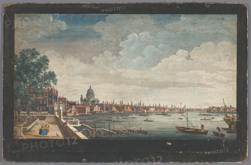 View of London Bridge over the River Thames in London, seen from the garden of Somerset House, 1750. Creator: Edward Rooker.