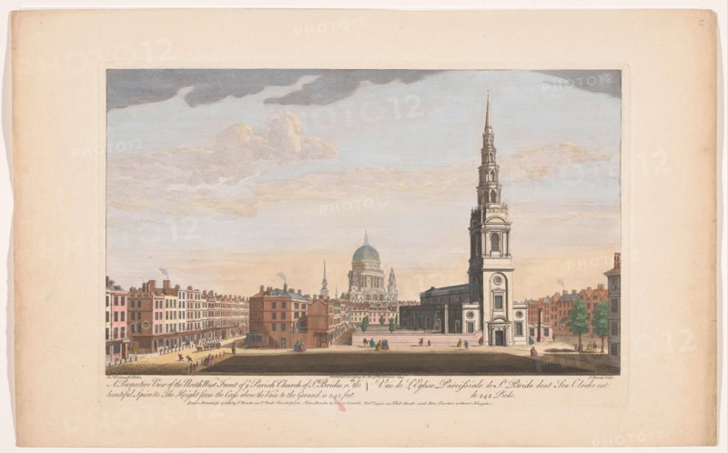A perspective view of the north west front of ye parish church of St. Brides', London, 1753. Creator: Thomas Bowles.