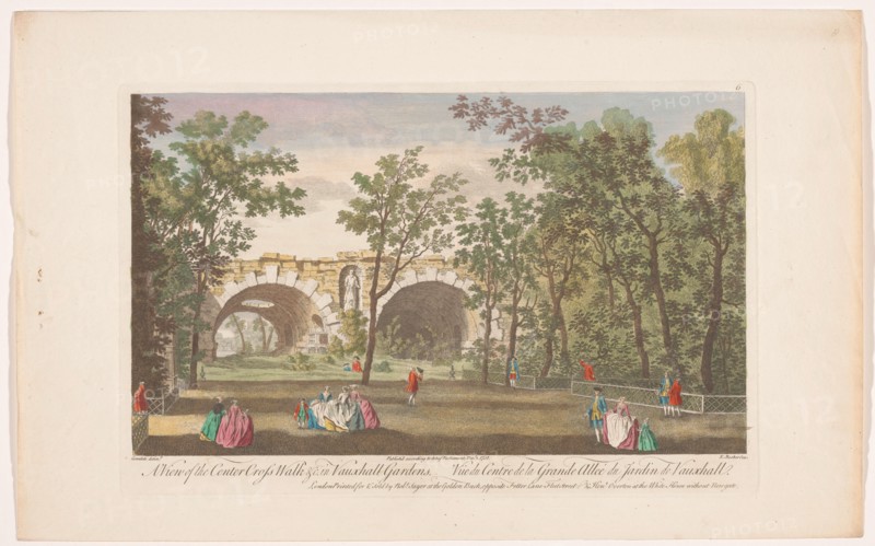 View of an avenue in Vauxhall Gardens in London, 1751. Creator: Edward Rooker.