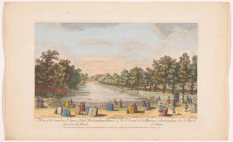 View of the canal in Saint James's Park in London, seen from the Horse Guards Parade, 1753. Creator: Stevens.