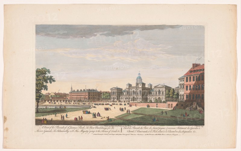 View of the Horse Guards Parade in London showing the departure of George II Augustus, King.... 1753 Creator: Thomas Bowles.