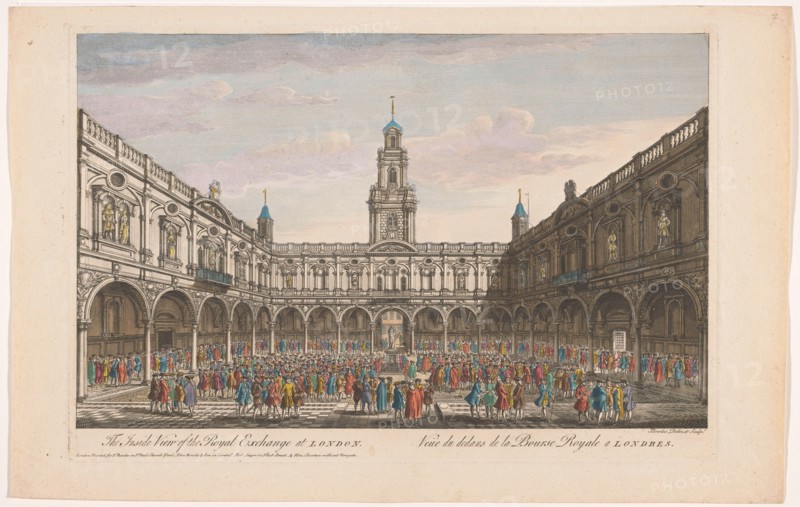 View of the interior of the Royal Exchange in London, 1745-1753. Creator: Thomas Bowles.