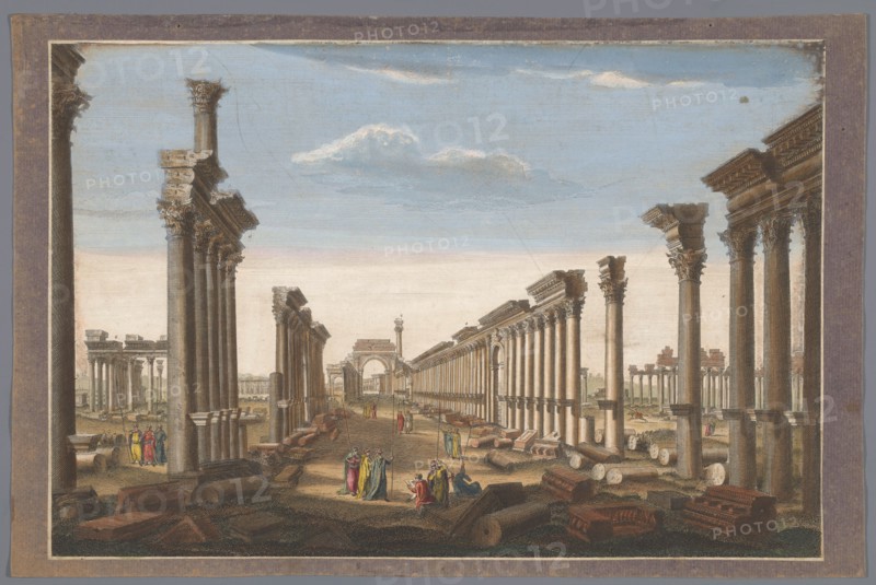 View of the ruin of the arch of the colonnade at Palmyra, seen from the west side, 1745-1794. Creator: Anon.