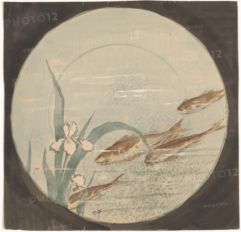 Design for a plate with four brown fish and a white iris, c.1875-c.1890. Creator: Gustave Fraipont.