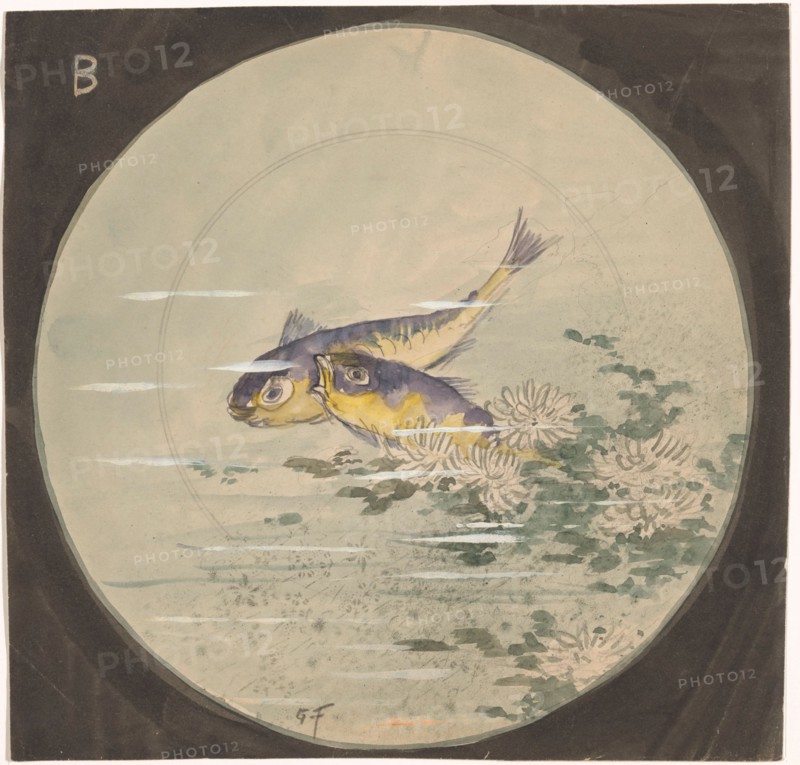 Design for a plate with two blue and yellow fish and waterlilies, c.1875-c.1890. Creator: Gustave Fraipont.