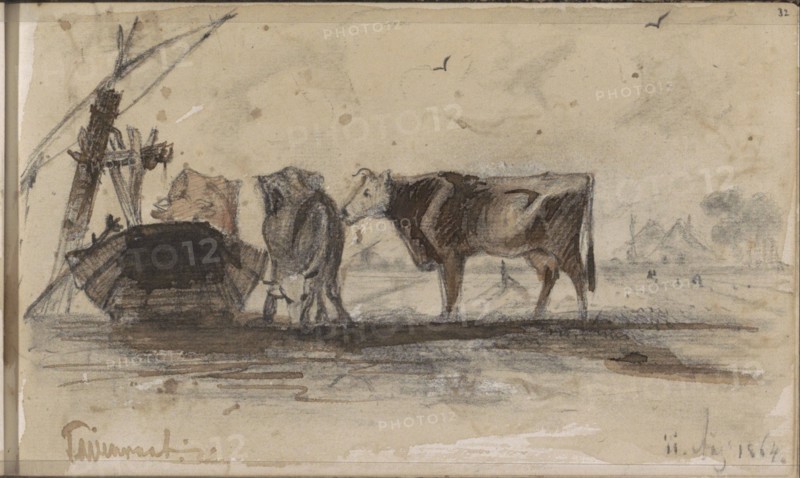 Pasture with cows at a trough, 1864. Creator: Johannes Tavenraat.