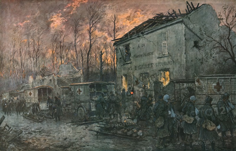 'L'automobile pendant la guerre. Enlevement des blesses dans un poste de secours', 1918. Creator: Georges Bertin Scott.