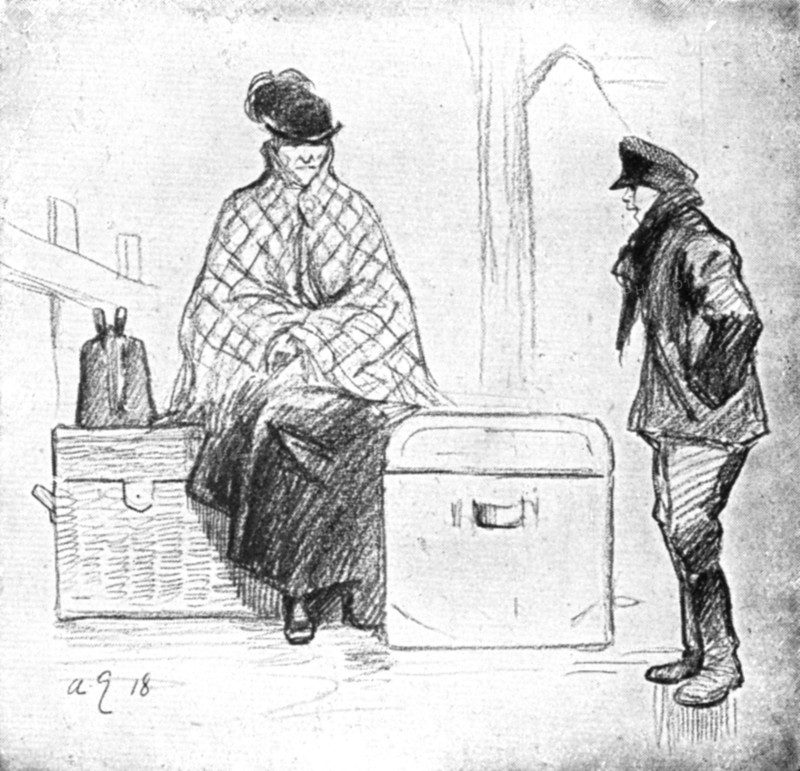 'Les Indesirables; Immobilisee par ses excedents de bagages devant le pont de Kehl', 1918. Creator: Andre Galland.