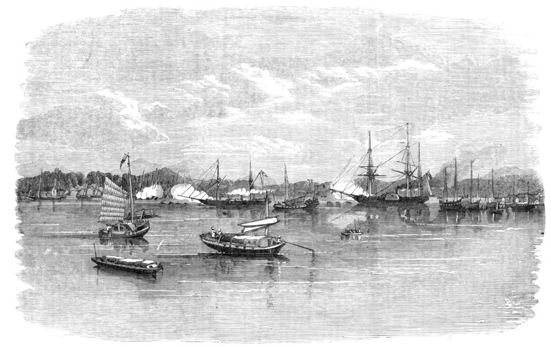Capture of French Folly Fort, near Canton, by H.M.S. "Barracouta" and "Coromandel"..., 1857. Creator: Unknown.
