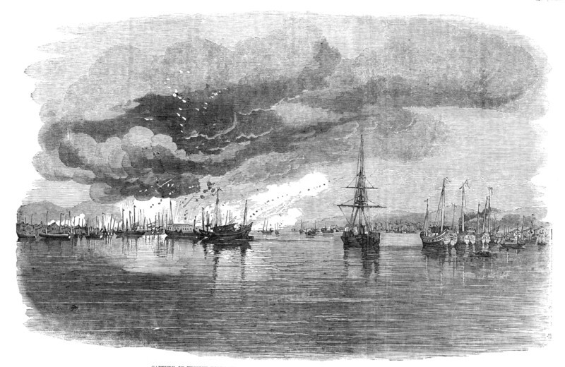 Capture of French Folly Fort - Termination of the Action, and Blowing-up of Junks, 1857. Creator: Unknown.