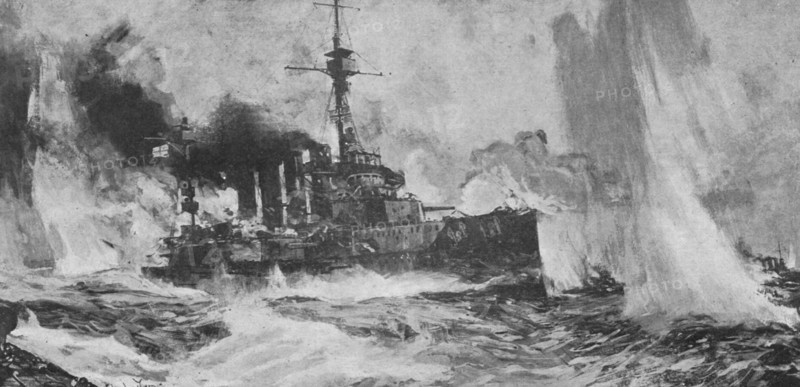' Au fort de la bataille Jutland ; le croiseur cuirasse "Warrior" riposant au feu de six..., 1916. Creator: Charles Dixon.