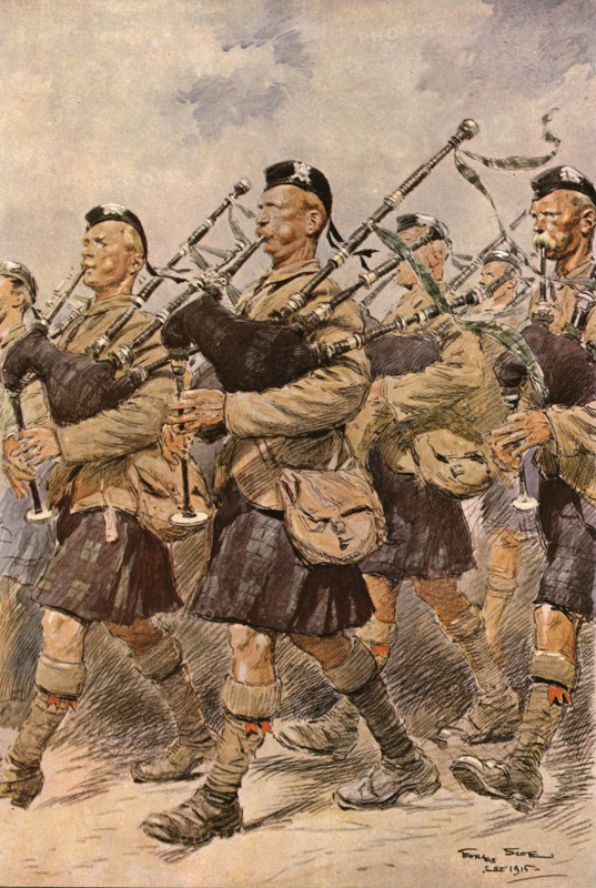 ''Les joueurs de cornemuse du "Sutherland Highlanders"', 1915. Creator: Georges Bertin Scott.