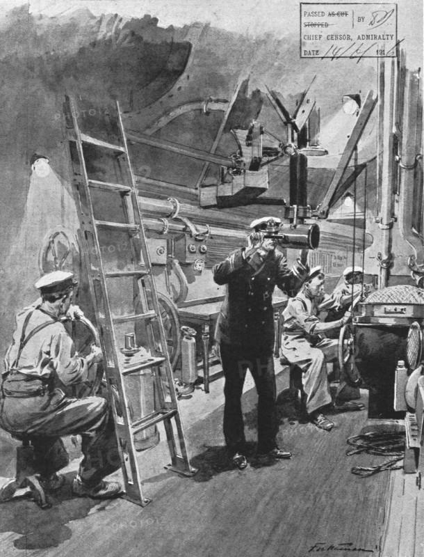 'La flotte d'avant-garde; le poste de manoeuvre d'un sous-marin britannique en plongee..., 1916. Creator: Frederic de Haenen.