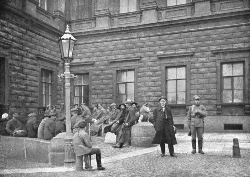 ''La terreur Rouge; La "Bourgeoisie" traquee; groupe d'otages arretes par les Rouges devant..., 1918 Creator: Robert Vaucher.