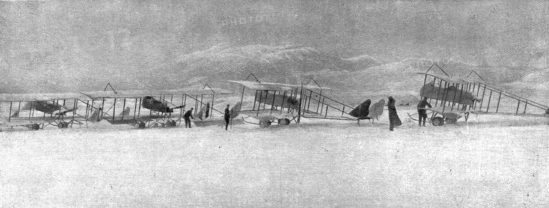 ''En campagne avec les Serbes; Escadrille francaise de Serbie surprise par une forte chute..., 1915. Creator: Unknown.