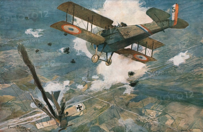 ''Combat Aerien; L'avion ennemi s'abat en flammes. -- Le Spad vainqueur est encadre..., 1918. Creator: Francois Flameng.