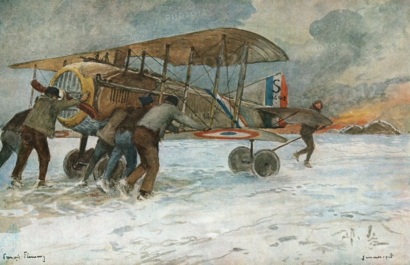 ''Combat Aerien; Retree d'Spad qui a atterri loin des hangars, a l'autre extremite..., 1918. Creator: Francois Flameng.