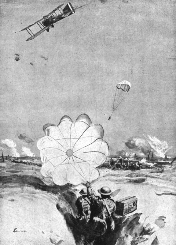 'Combat Aerien; Avion ravitaillant en munitions, au moyen de parachutes, des mitrailleurs..., 1918. Creator: Joseph Simpson.