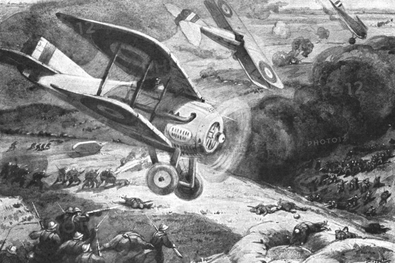 'Combat Aerien; Au combat avec l'infanterie; La guerre de mouvements reparu en 1918. Creator: Maurice Busset.