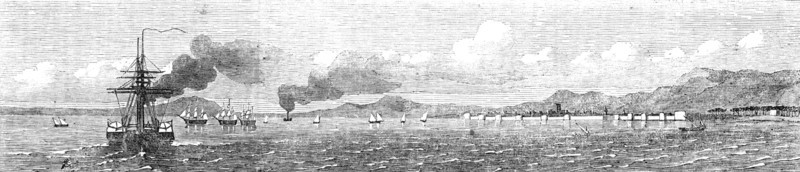 The Persian Expedition - Transports, Bushire, from the "Semiramis", Fort for defence..., 1857. Creator: Unknown.