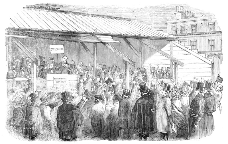 The Finsbury Election: the Hustings on Clerkenwell-Green: the Nominations, 1857. Creator: Unknown.