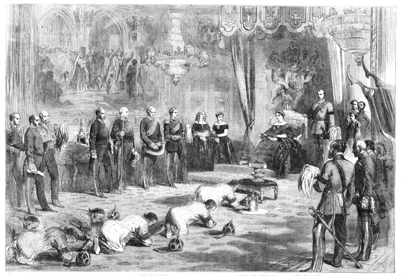 Reception of the Siamese Ambassadors, with Presents, by Her Majesty, at Windsor Castle, 1857. Creator: Unknown.