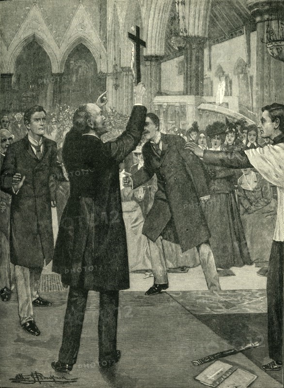 'The Agitation Against Ritualism: Mr. Kensit's Violent Protest in a West End Church', c1900. Creator: Arthur Herbert Buckland.