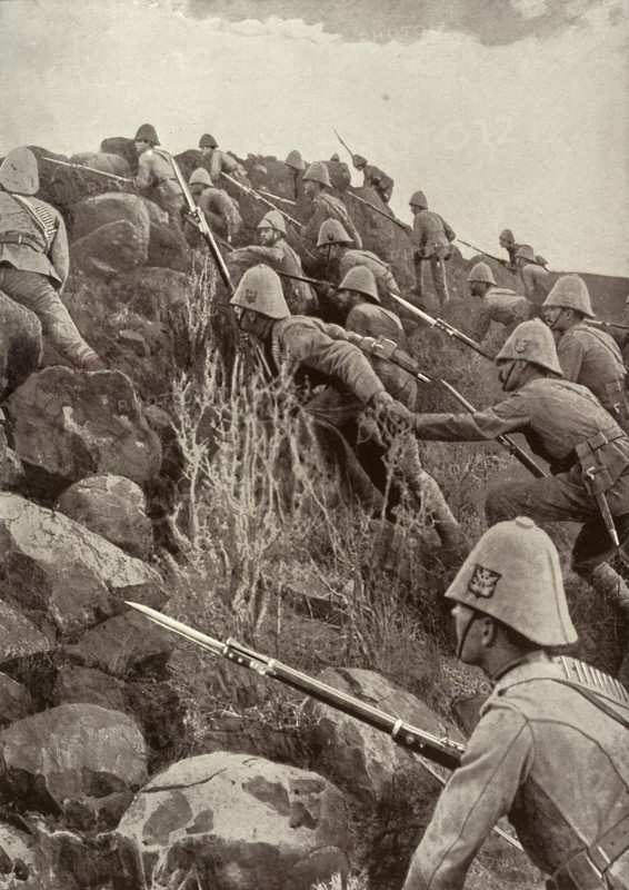 'Paardeberg: The Canadians Storming An Outlying Kopje', February 1900, (c1900).  Creator: Thiele & Co.