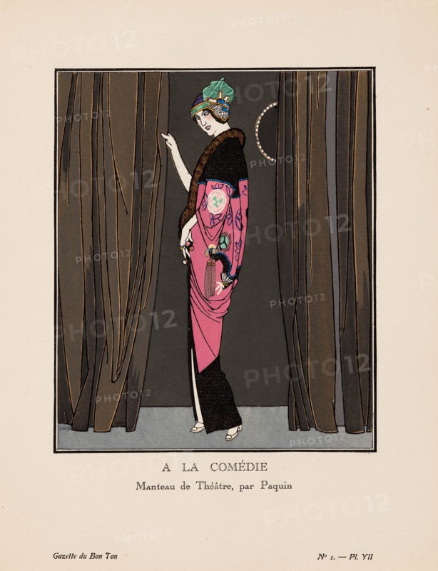 A la comédie. Manteau de Théâtre, par Paquin (La Gazette du Bon ton), 1912-1913. Creator: Gosé, Xavier (1876-1915).