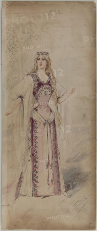 Costume design for Ella Russell als Elisabeth in the Opera "Tannhäuser" by Richard Wagner, 1890s. Creator: Edel (Colorno), Alfredo (1856-1912).