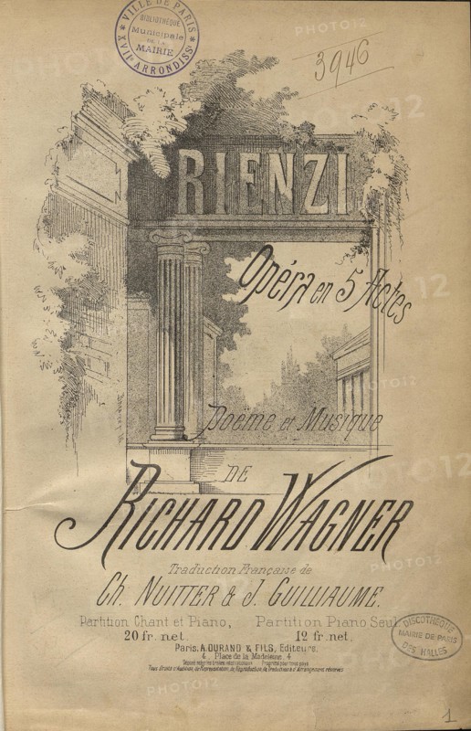 Cover of the vocal score of opera "Rienzi, the last of the tribunes" by Richard Wagner, 1890s. Creator: Anonymous.