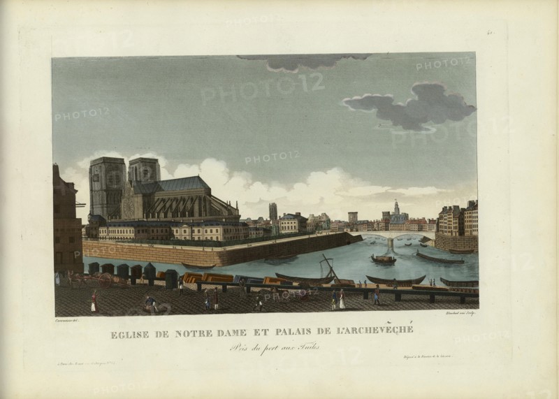 Église de Notre-Dame et palais de l'Archevêché, pris du Port aux Tuiles, 1817-1824. Creator: Courvoisier-Voisin, Henri (1757-1830).