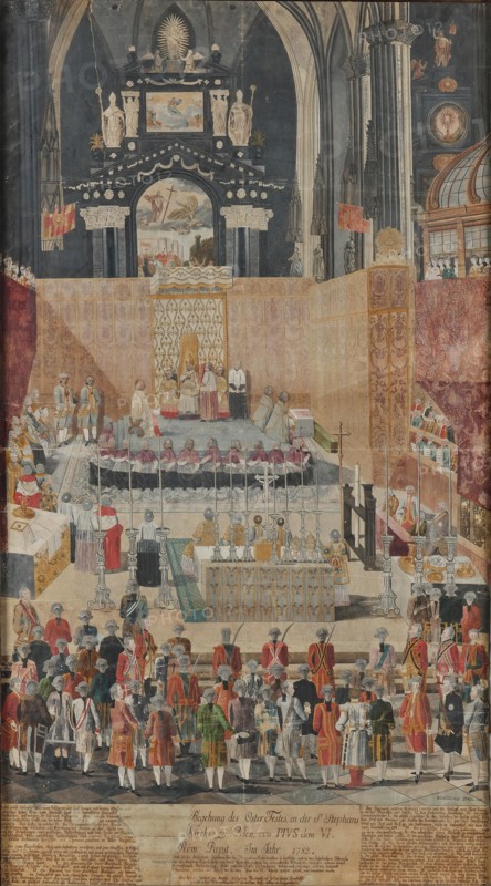 Pope Pius VI celebrates the Easter Holy Mass in St. Stephen's Cathedral in Vienna..., 1782, 1788. Creator: Anonymous.