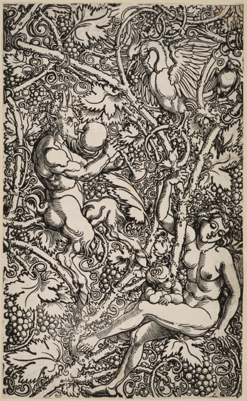 Satyr and Nymph with Birds. Module of a wallpaper, c.1525. Creator: Beham, Hans Sebald (1500-1550).