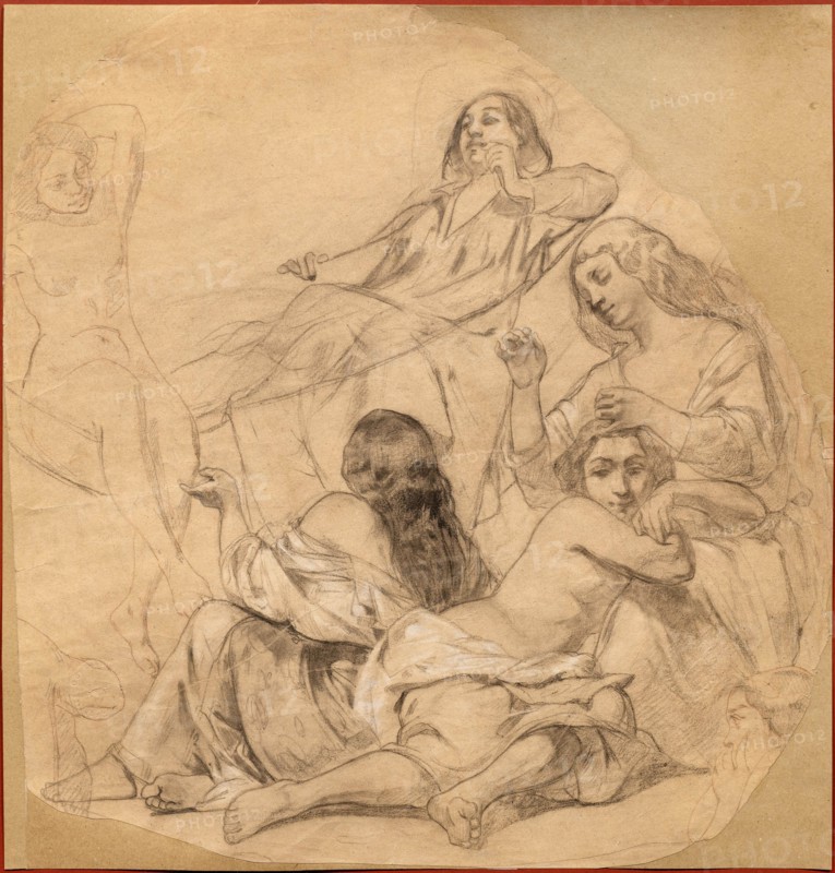 Self-portrait in a hammock surrounded by a group of women, ca 1844-1850. Creator: Courbet, Gustave (1819-1877).