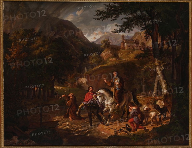 The Habsburg legend: Count Rudolf helps a priest over a torrent, 1830. Creator: Müller, Friedrich Wilhelm (1801-1889).