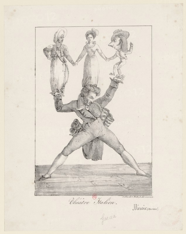 Théâtre Italien. Rossini soutenant Manuel Garcia dans Otello, Mme Fodor dans Rosine et..., 1821. Creator: Delacroix, Eugène (1798-1863).