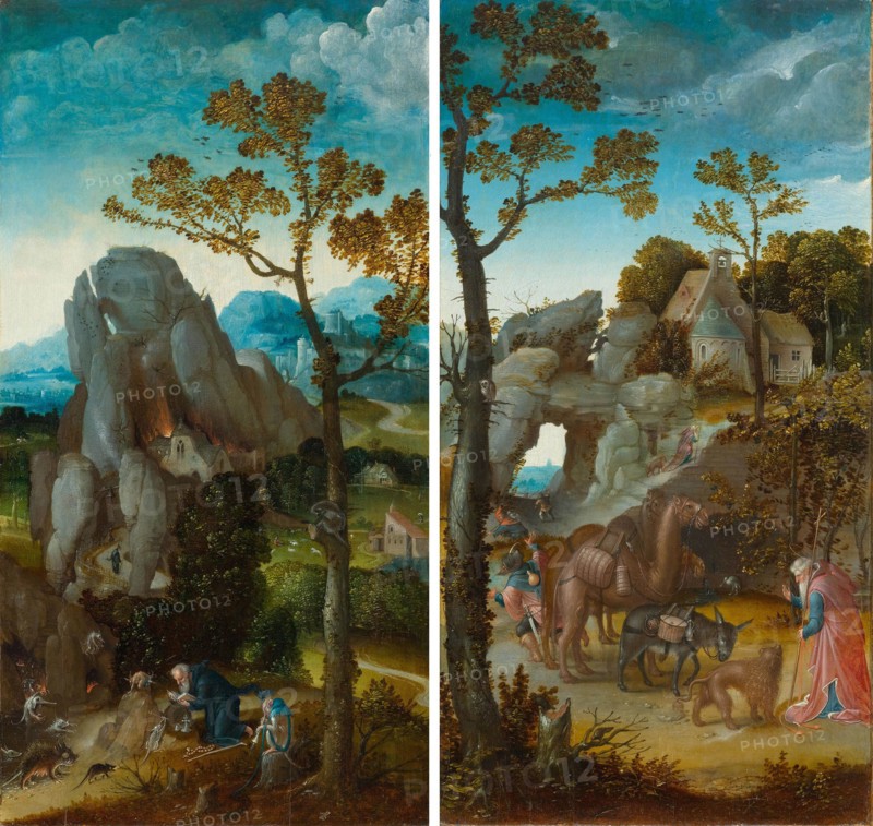 Two panels of an altar: Temptation of Saint Anthony, Saint Jerome in a landscape. Creator: Cock, Jan Wellens de (ca 1480-1527).