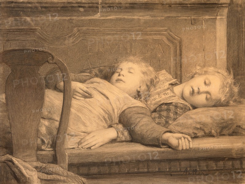 Two sleeping girls on the stove bench, c.1895. Creator: Anker, Albert (1831-1910).